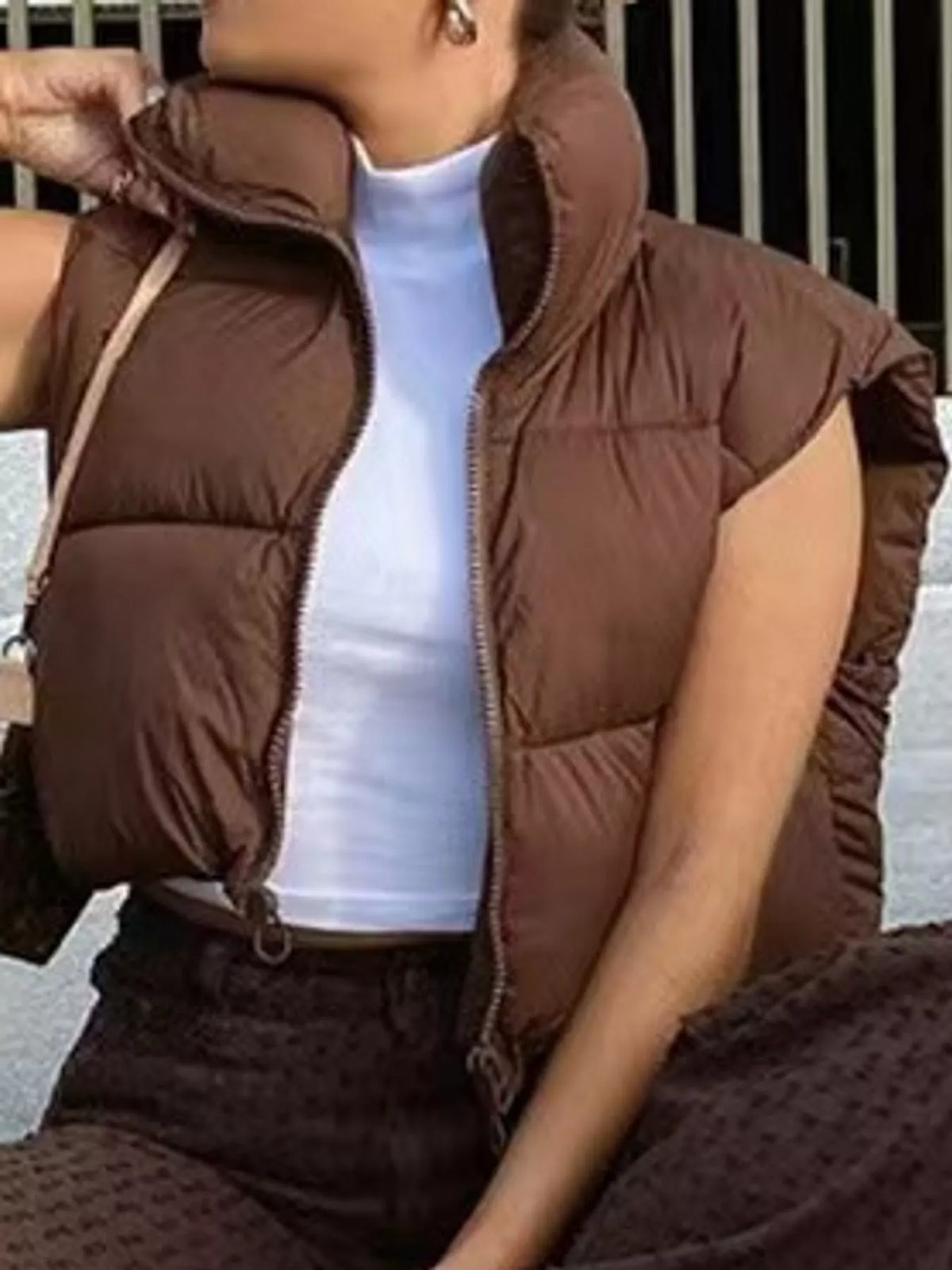 Zip-up puffer vest for women in khaki, black, coffee, pink and white - view 5
