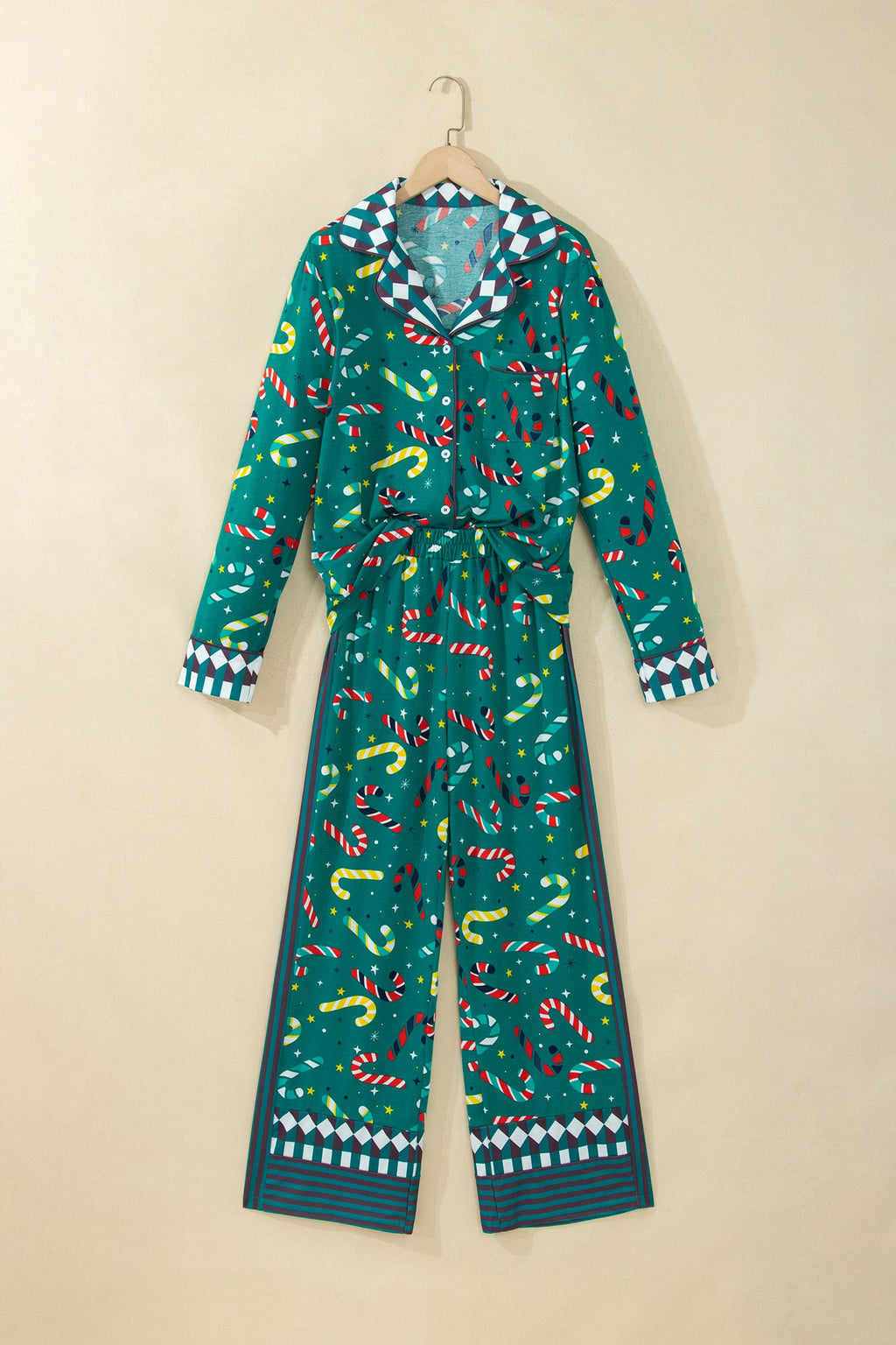 Christmas Candy Cane Pajama Set in green, detail view