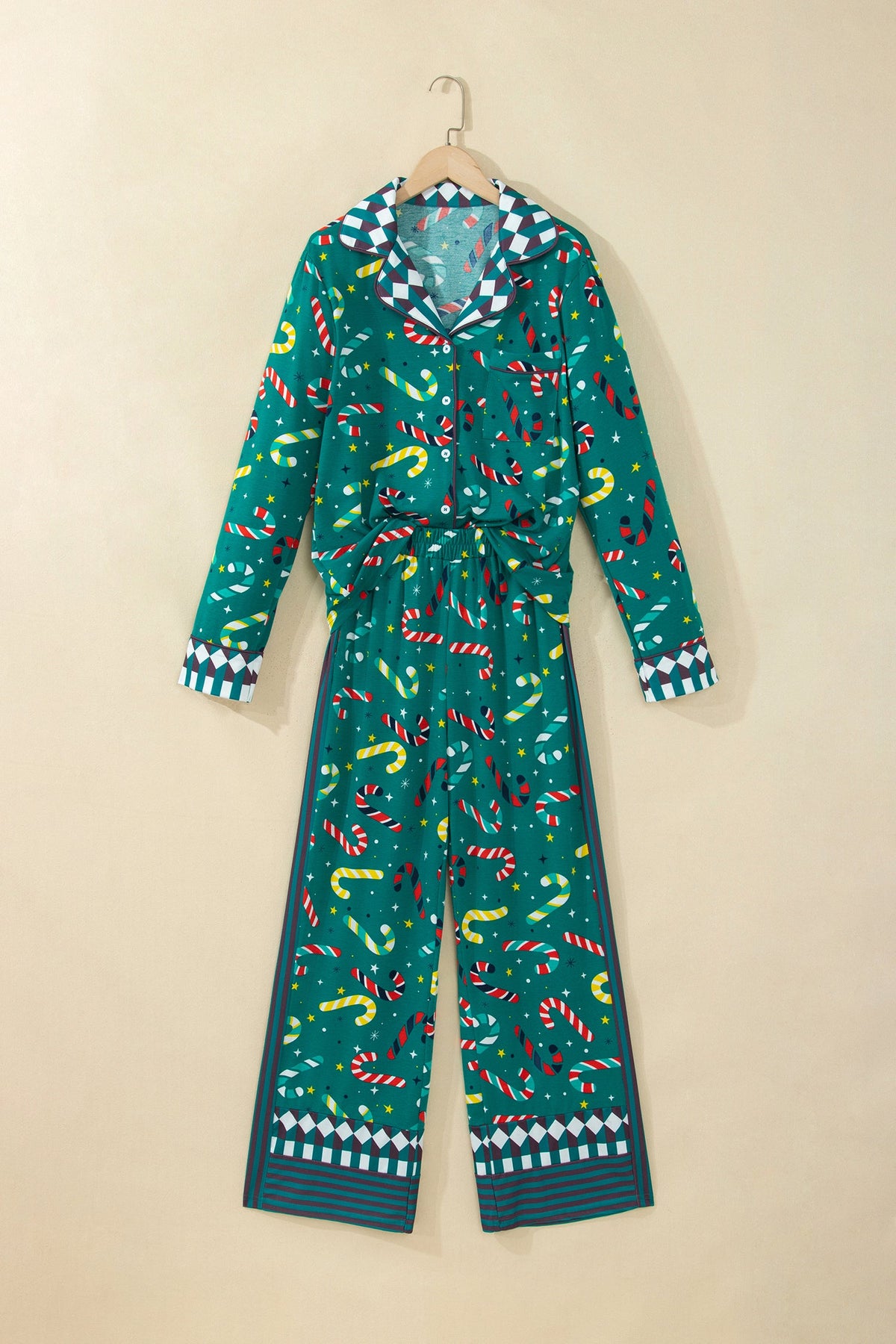 Christmas Candy Cane Pajama Set in green, detail view