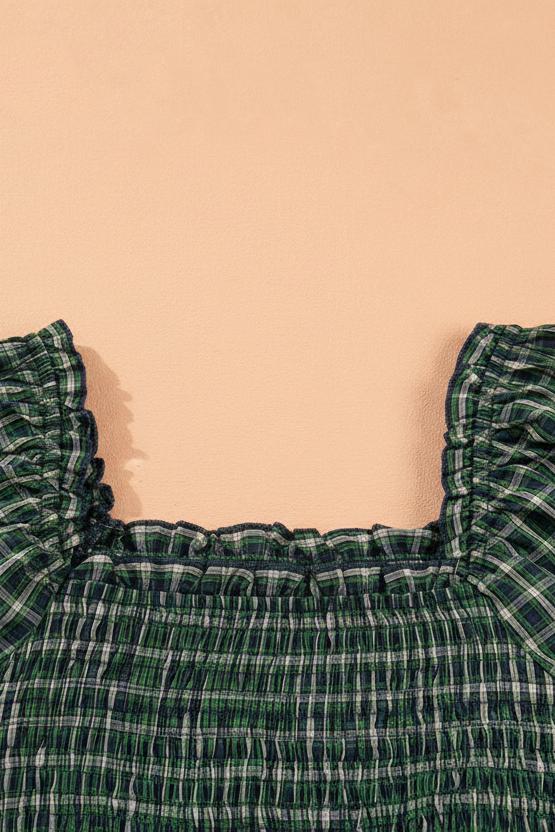 Plaid Shirred High Waist Square Neck Ruffle Hem Dress in Green, back view