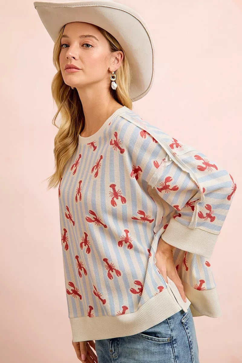 BiBi 4th Of July Lobsters Stripe Waffle Knit Sleeve Top - side view