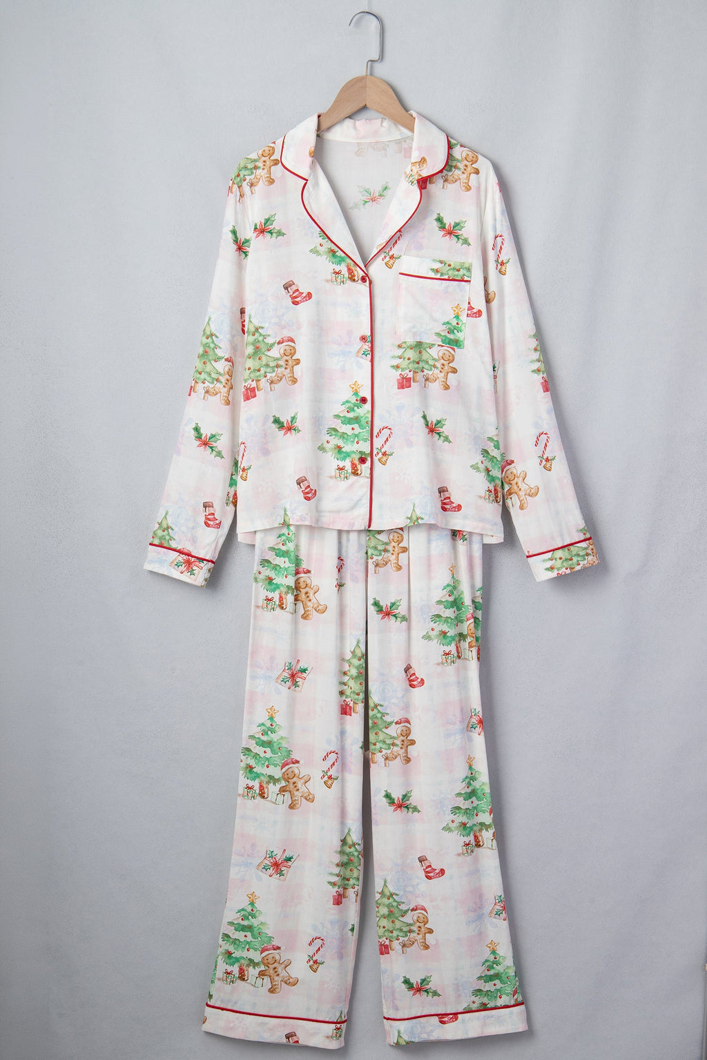 Christmas Plaid Gingerbread Pajama Set in pink, detail view