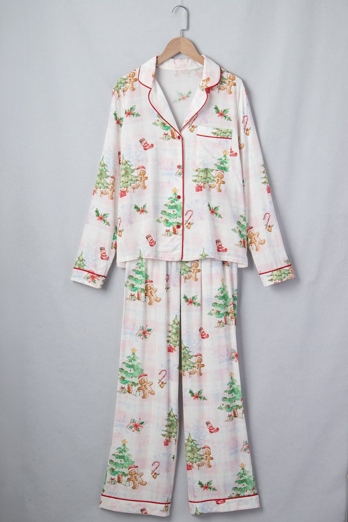 Christmas Plaid Gingerbread Pajama Set in pink, detail view