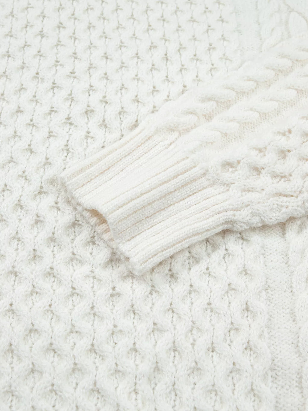 White cable knit crew neck sweater, loose fit - view 13