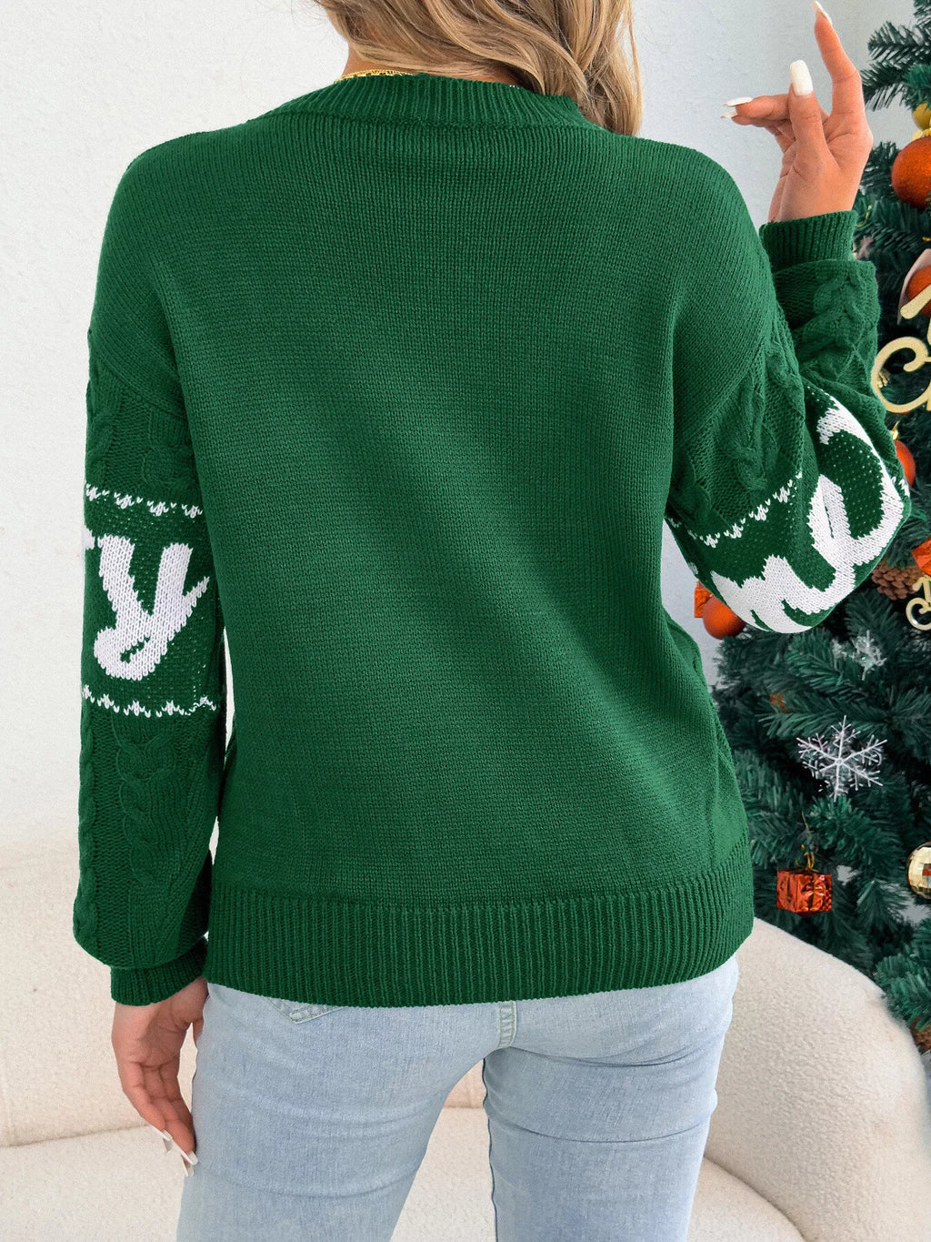 Merry cable knit Christmas sweater in red and green - view 9