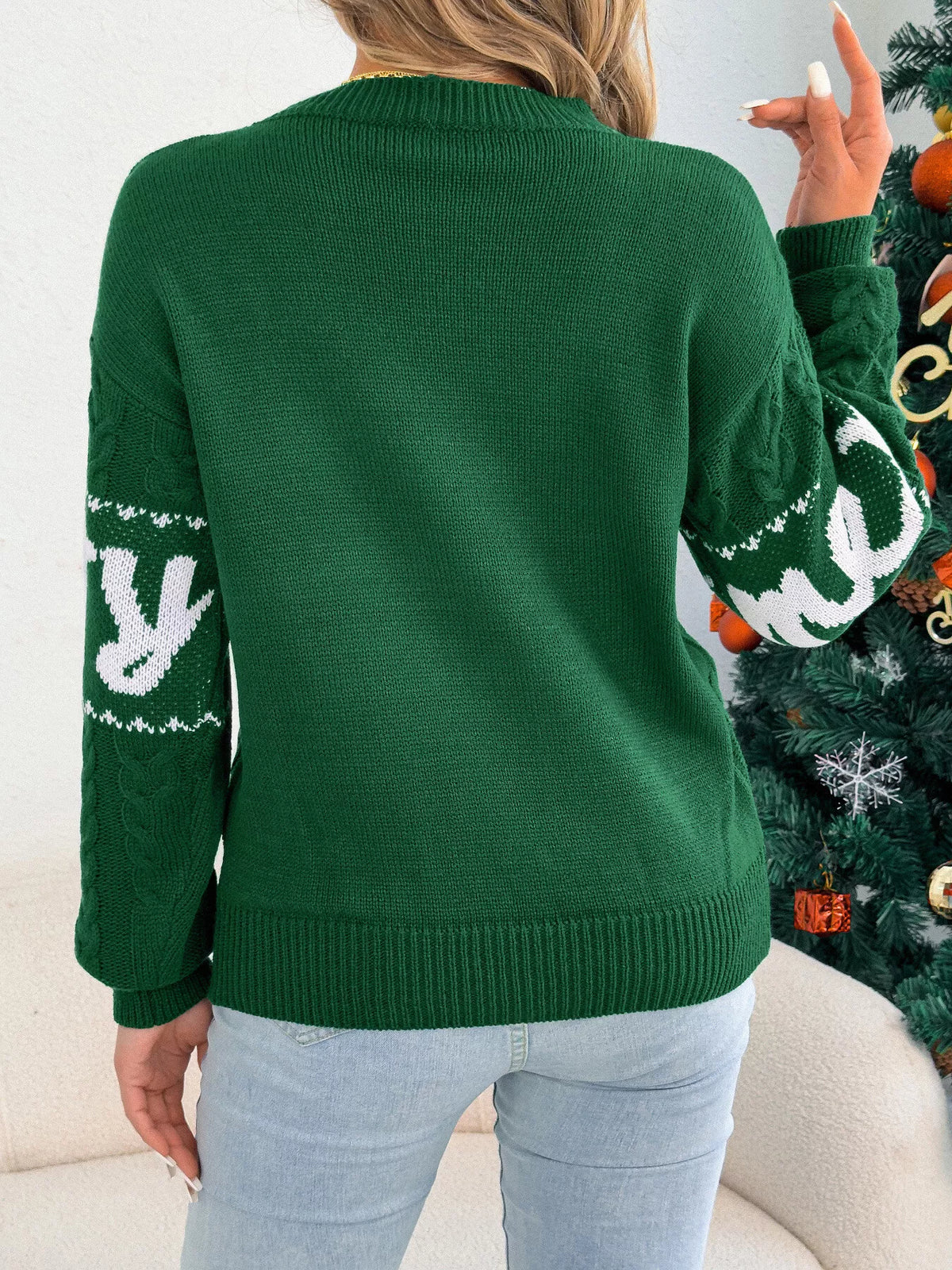 Merry cable knit Christmas sweater in red and green - view 9