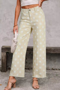Polka Dot High-Waisted Wide Leg Jeans in Ivory - front view showing high waist and wide leg