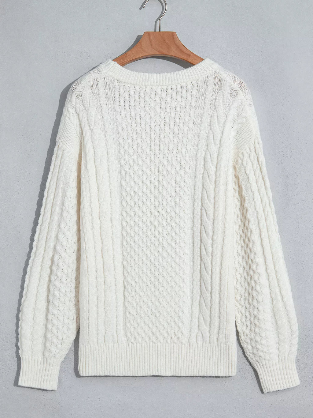 White cable knit crew neck sweater, loose fit - view 9