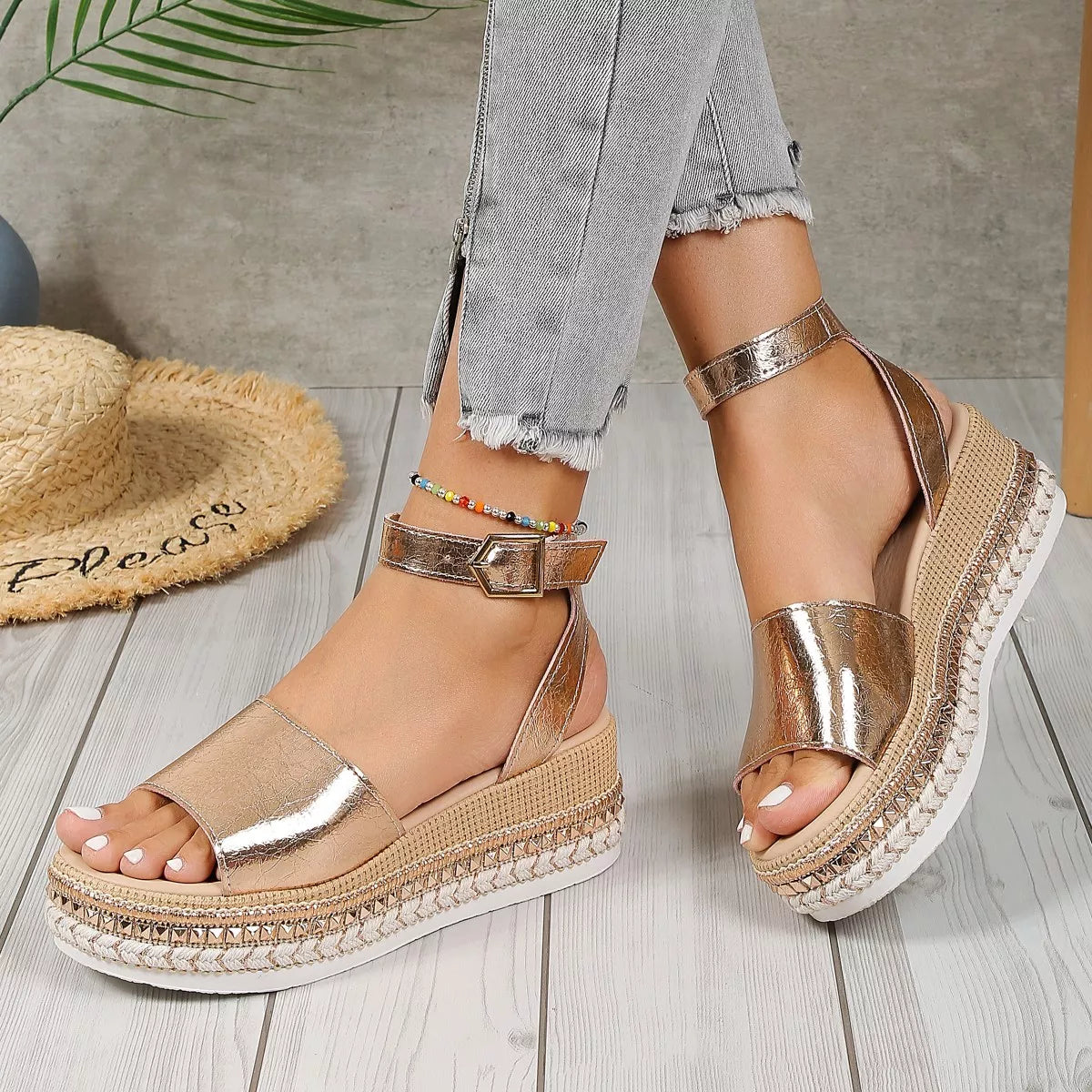 Open Toe Wedge Sandals in Gold - front view showing metallic gold mid wedge