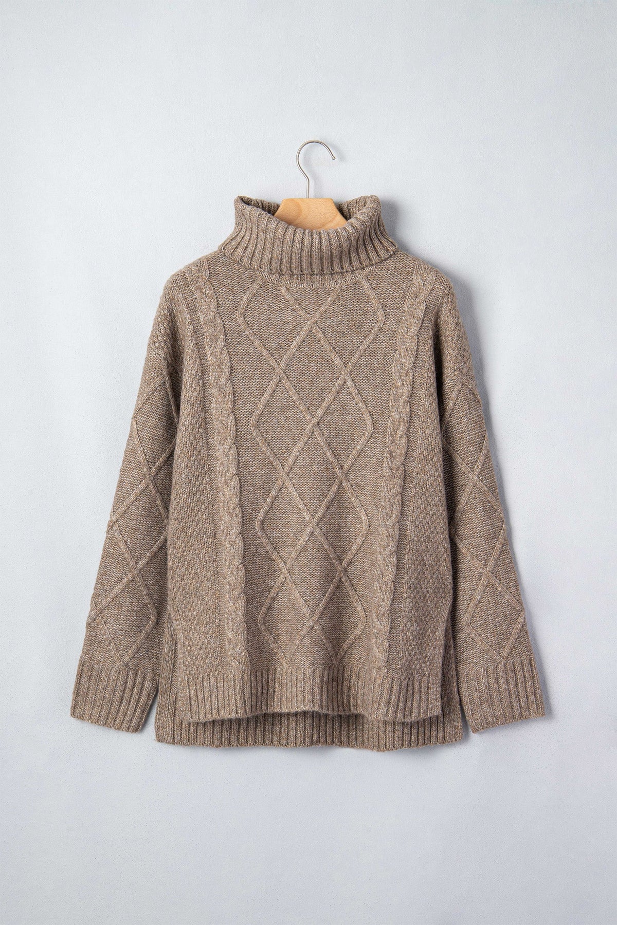 Cable Knit Turtleneck Split Hem Sweater in dark khaki, detail view