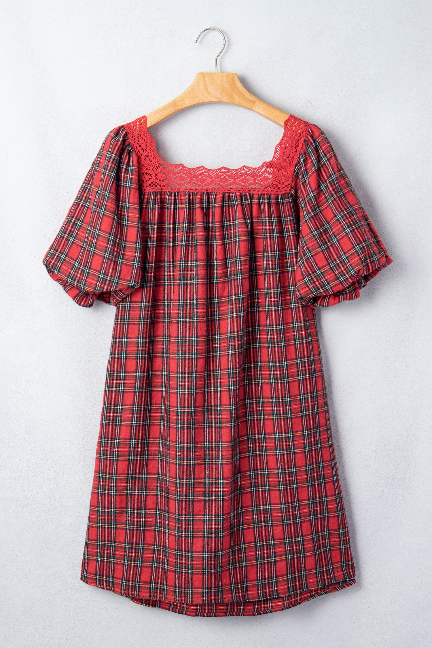 Plaid Lace Trim Square Neck Mini Babydoll Dress in Red, styled view