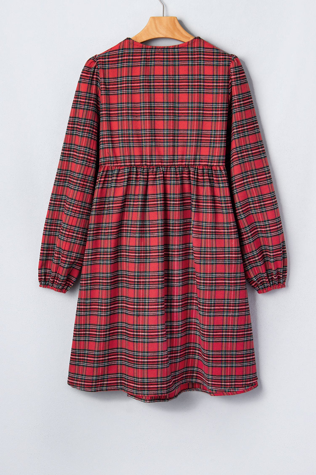 Plaid Bow Tie Front Puff Long Sleeve Dress in Red, styled view