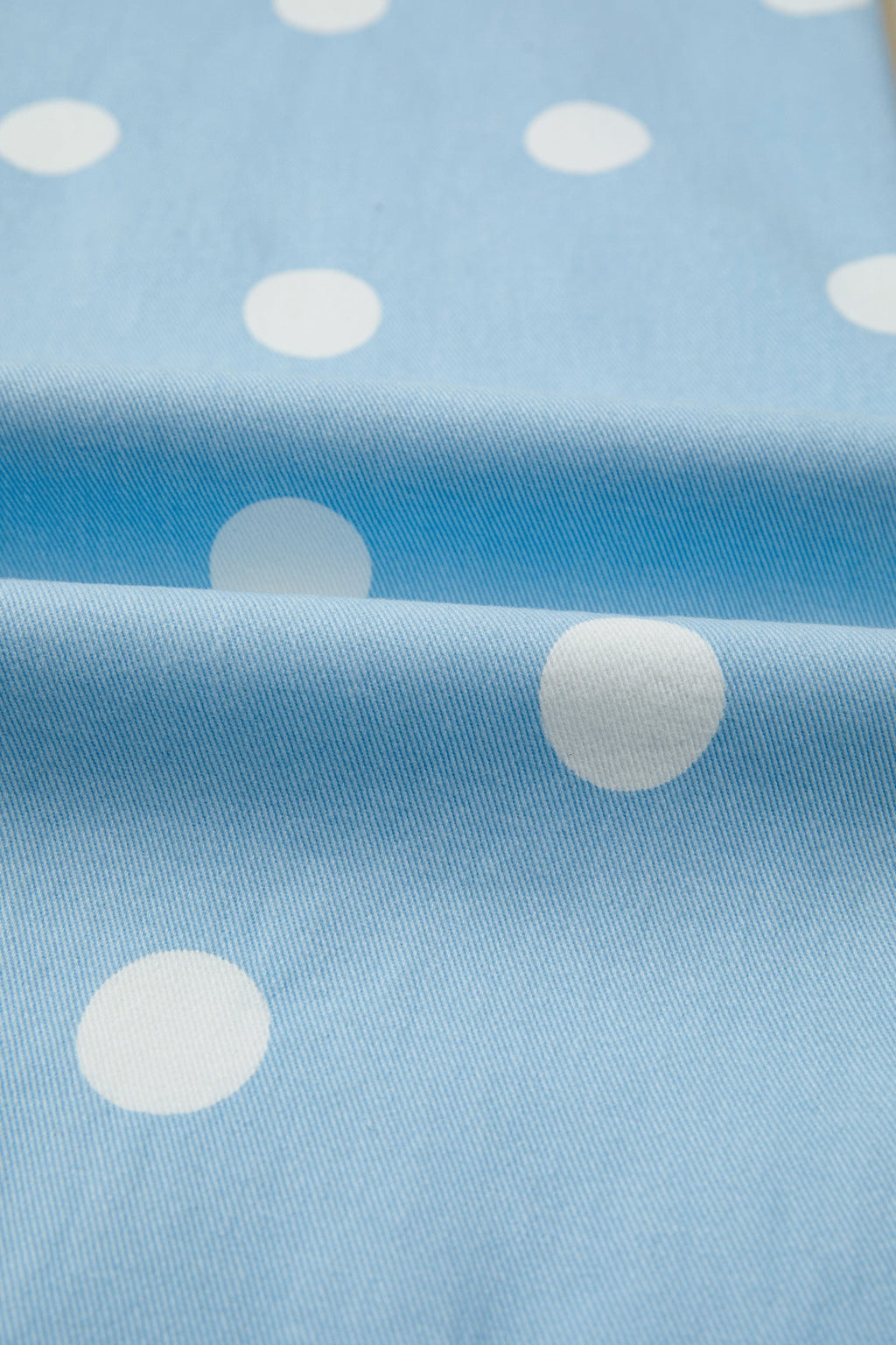 Polka Dot Denim Raw Hem High Waist Jeans in Sky Blue - styled with tucked in blouse