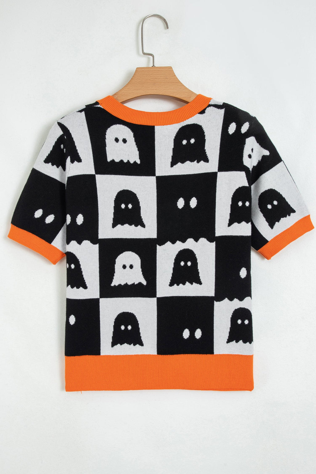 Halloween Ghost Checker Short Sleeve Knit Top in White, styled view