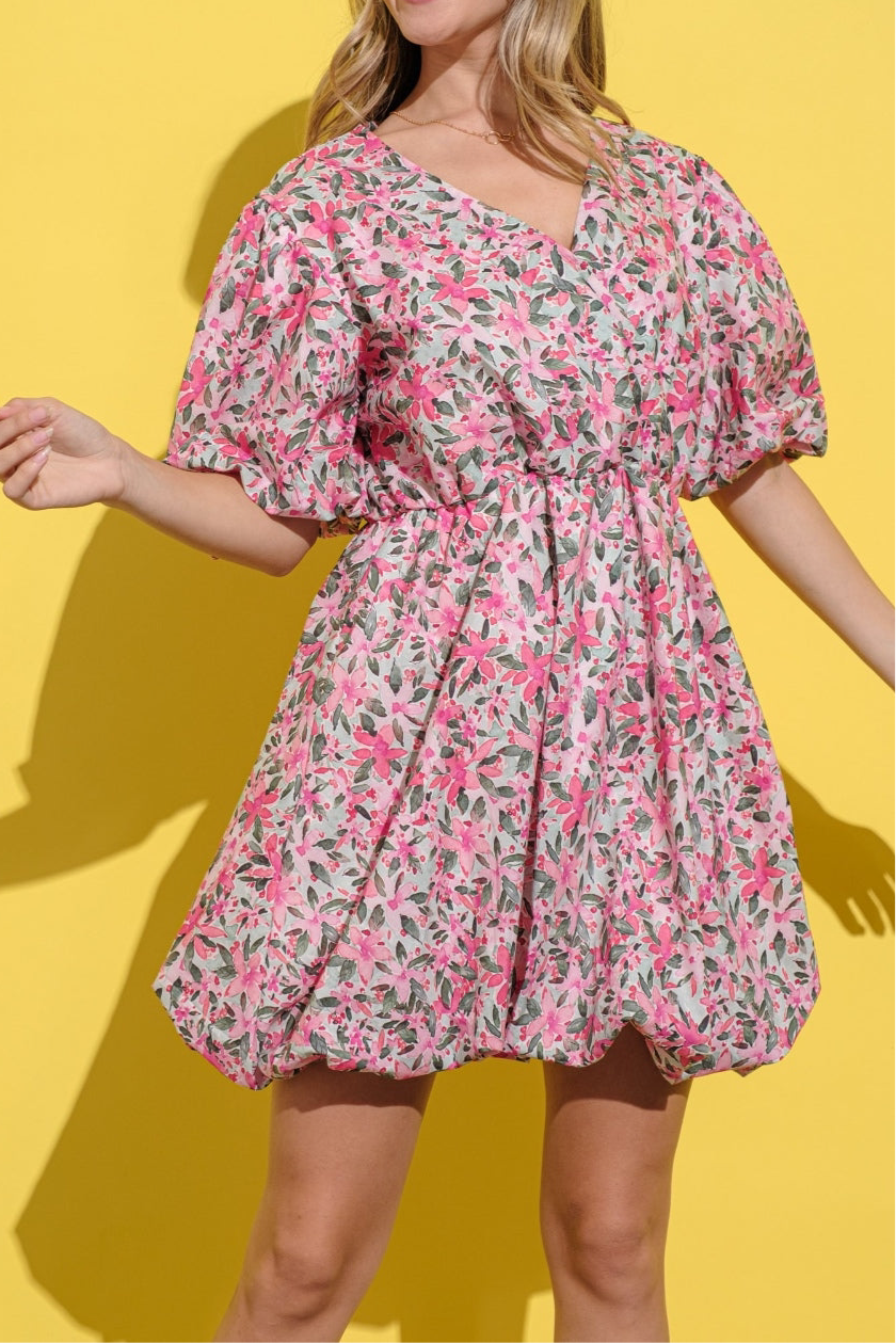 Floral Surplice Puff Sleeve Dress