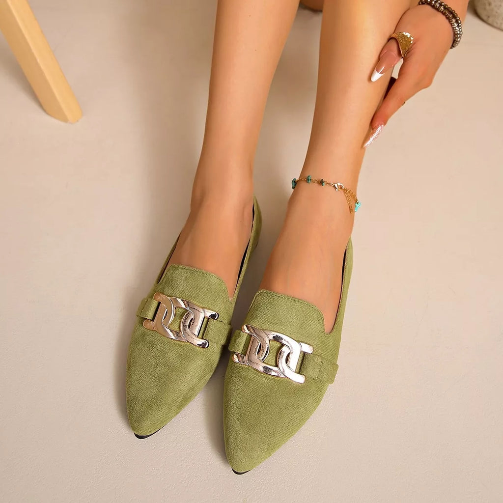 Pointed Toe Chain Detail Loafers in matcha green, black and pink, front view