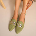 Pointed Toe Chain Detail Loafers in matcha green, black and pink, front view