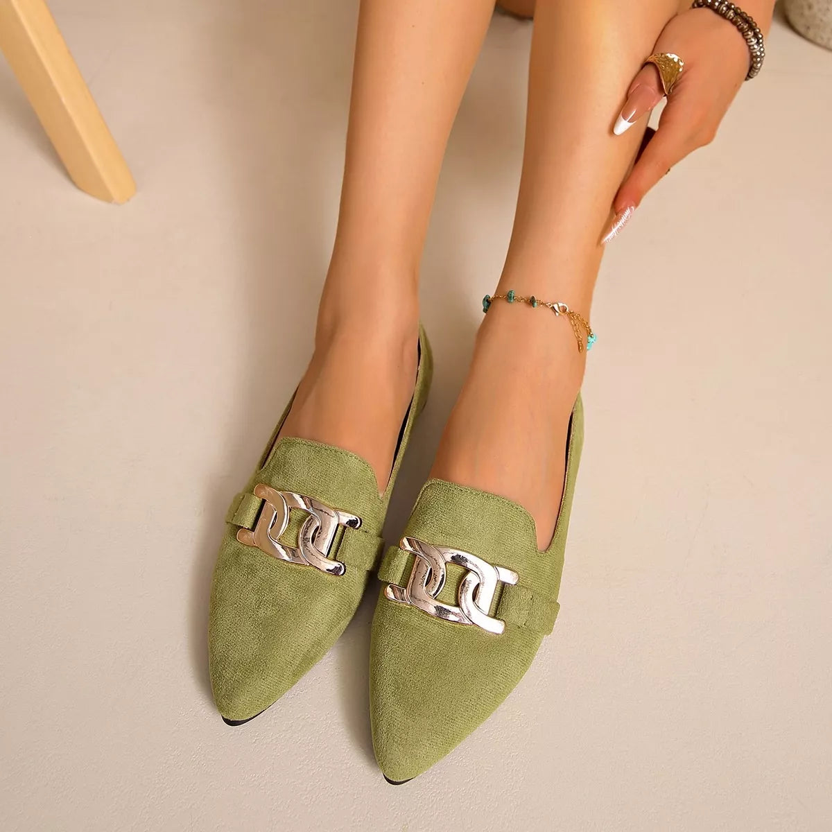Pointed Toe Chain Detail Loafers in matcha green, black and pink, front view