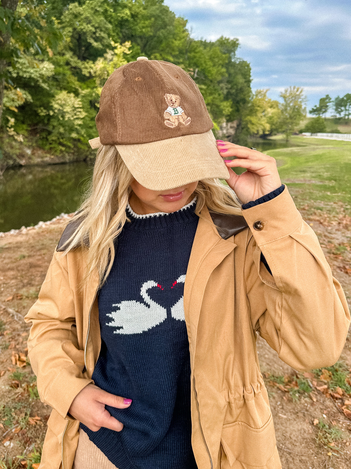 Corduroy Baseball Cap with Embroidered Bear