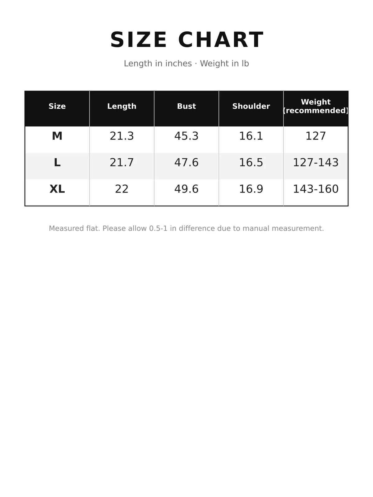 Zip-up puffer vest size chart
