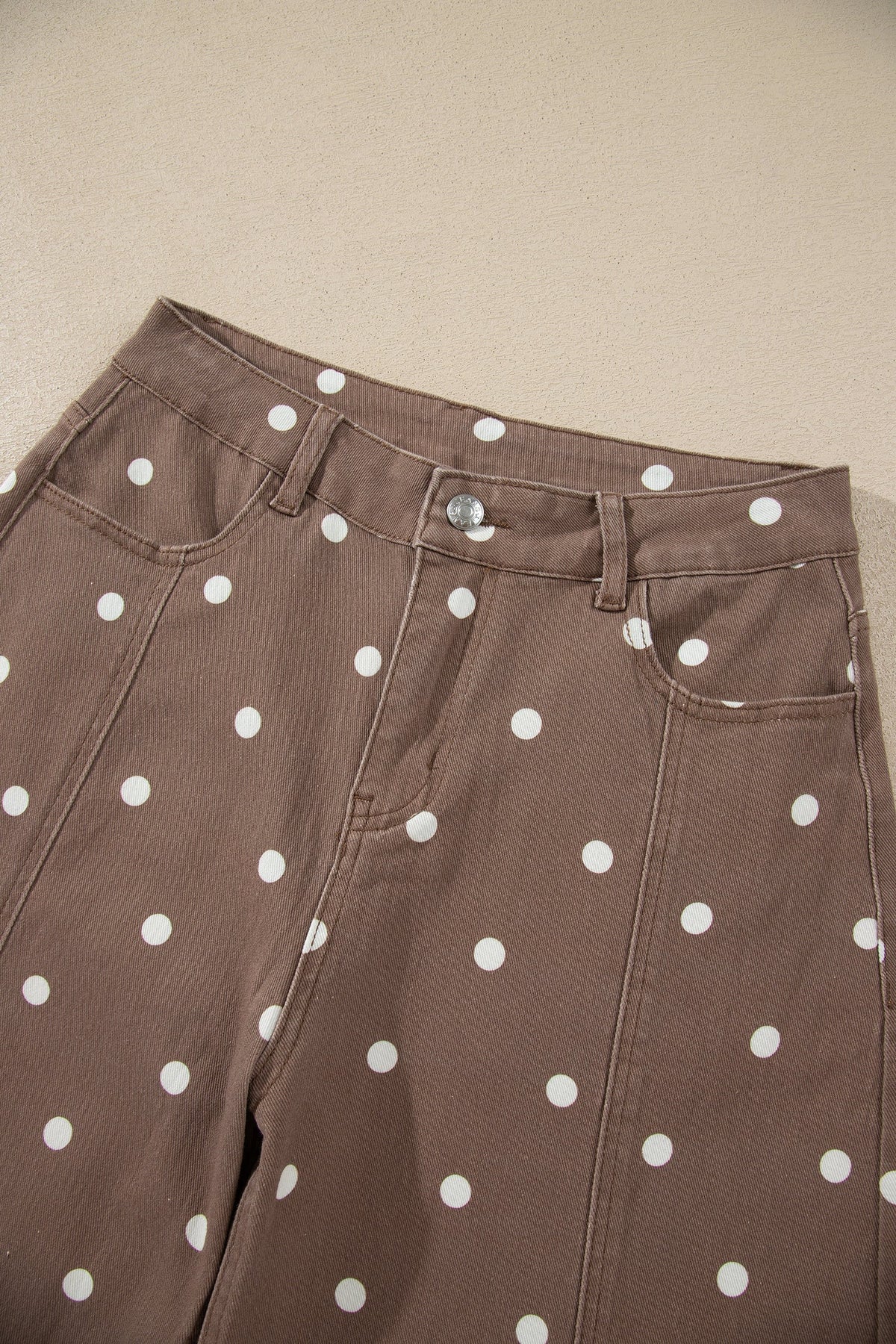 Polka Dot Denim Barrel Leg Jeans in brown, close-up