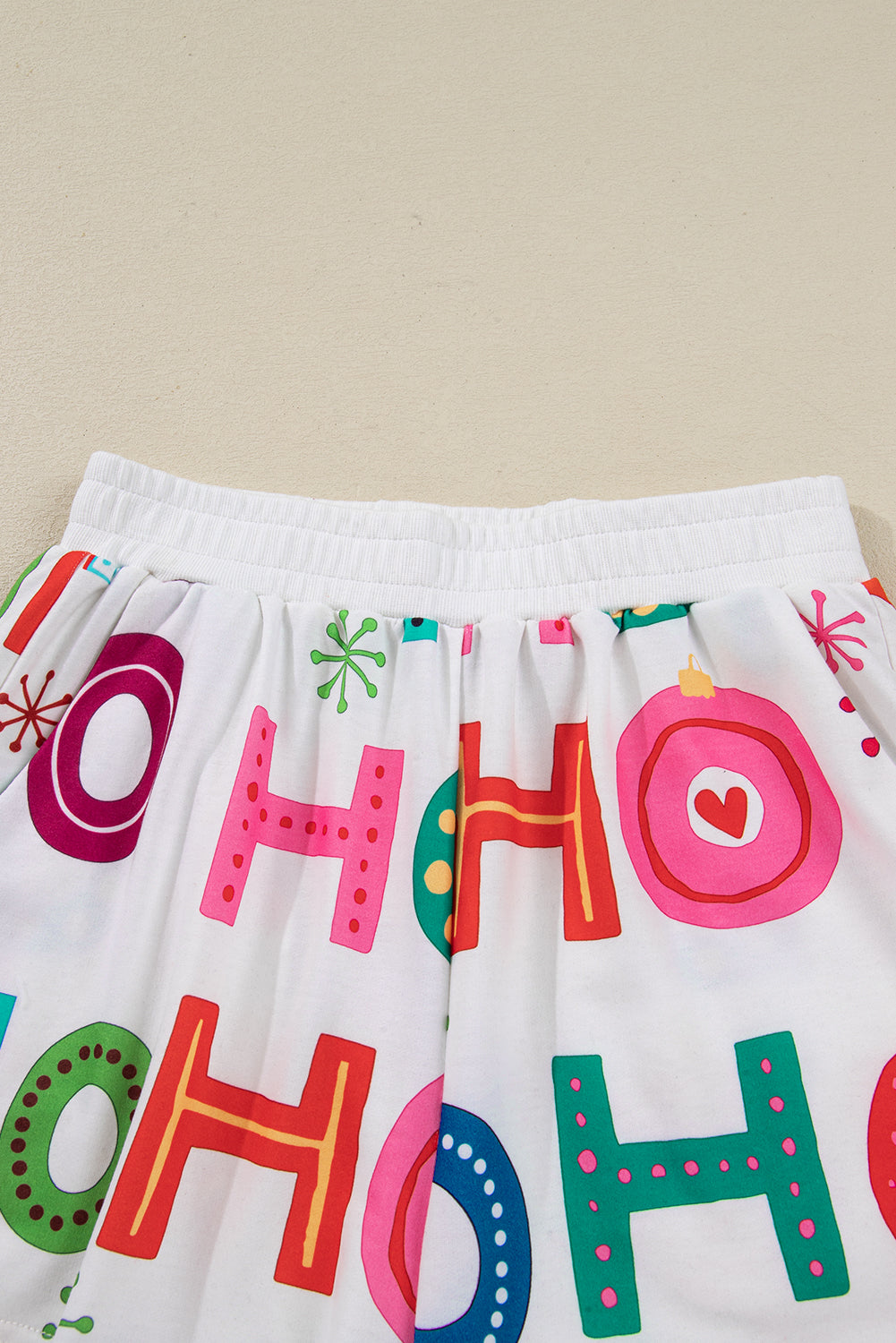 Christmas Long Sleeve Top and Shorts Lounge Set in White, close-up print detail