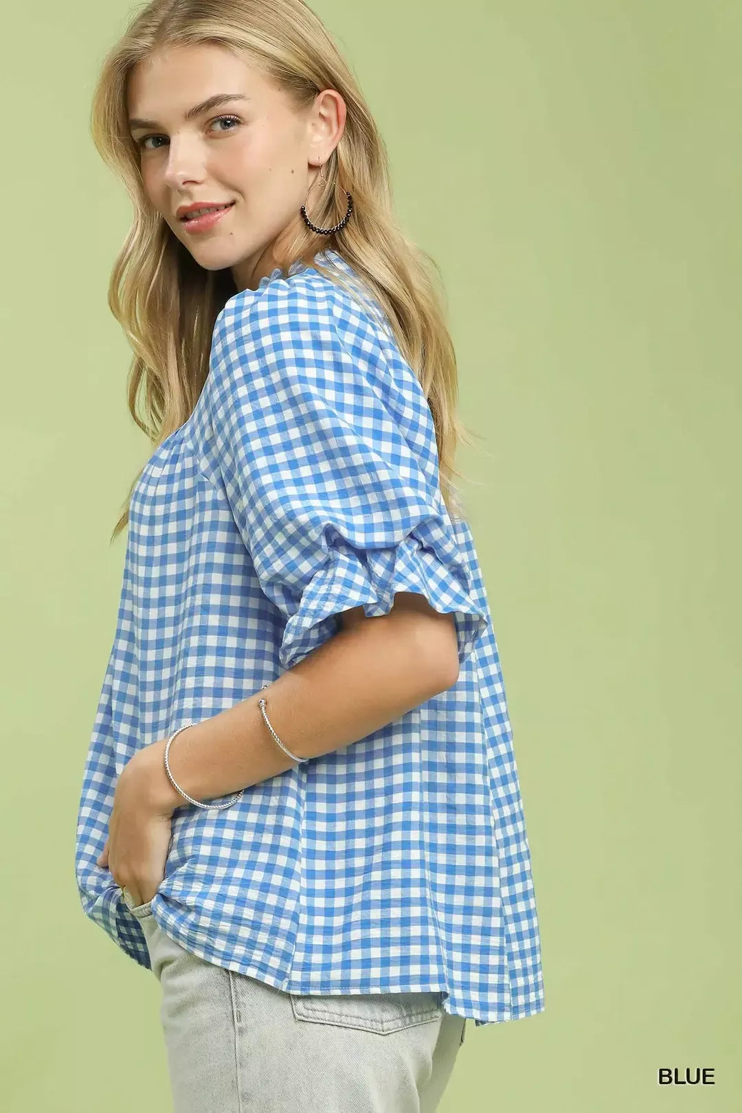 Umgee Gingham Check Blouse with Ruffle Sleeves in Blue - back view