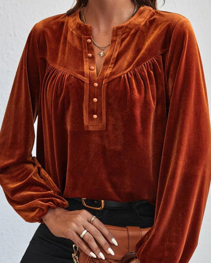 Notched Long Sleeve Velvet Top