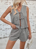 Gingham Print Tie Front Top and Shorts Set - gingham two-piece set, view 1
