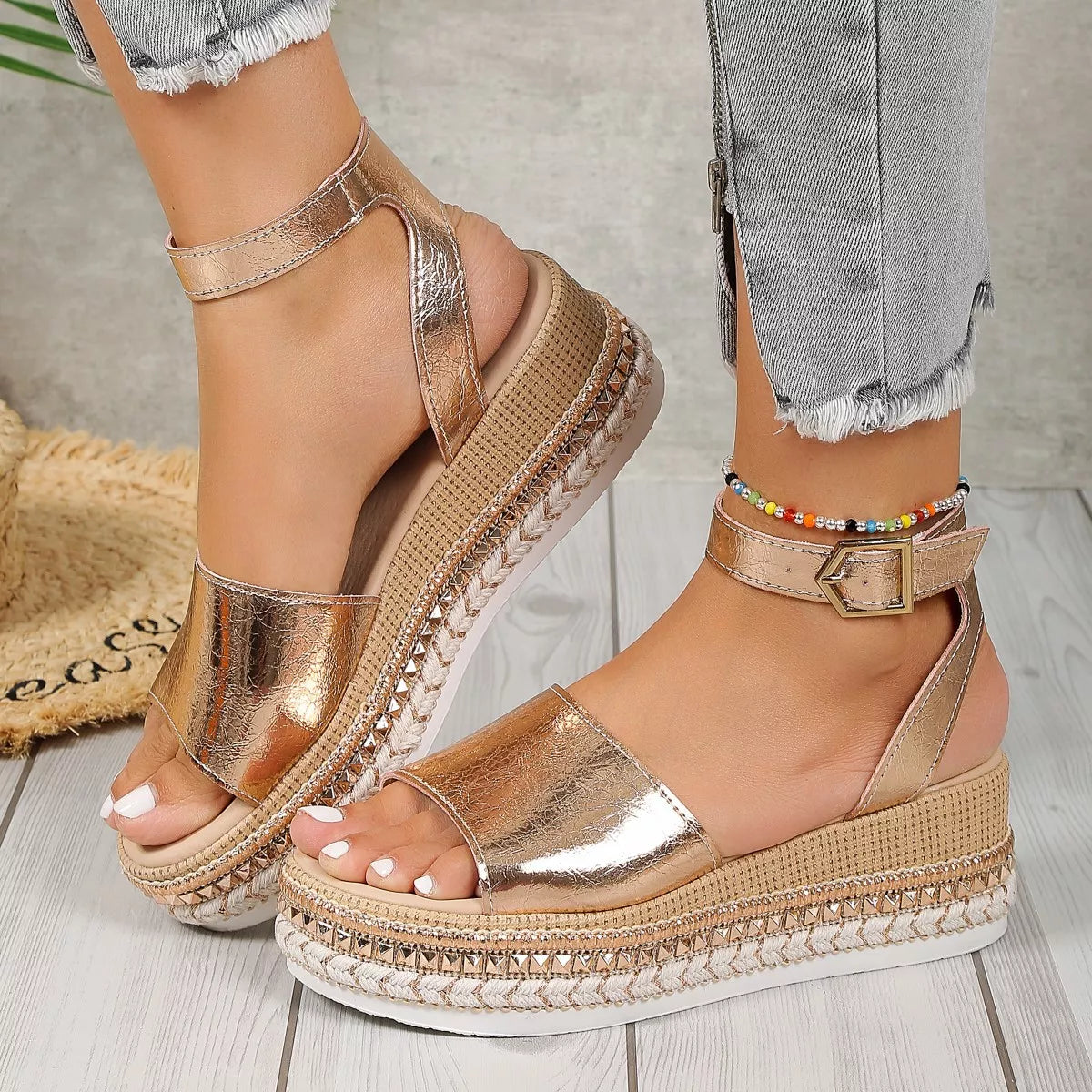 Open Toe Wedge Sandals in Gold - side view showing wedge height