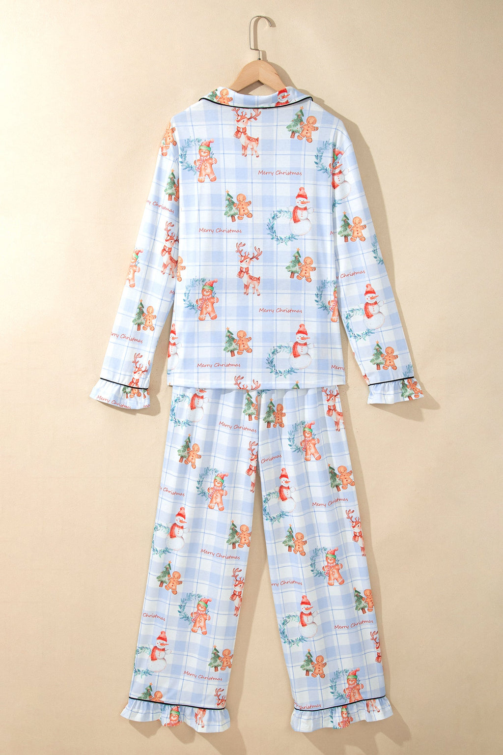 Christmas Plaid Ruffle Pajama Set in sky blue, styled view