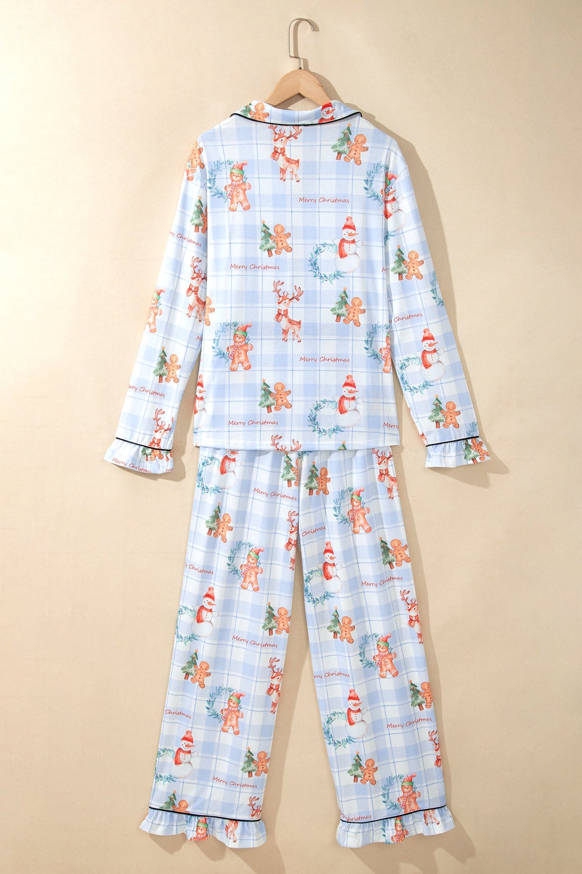 Christmas Plaid Ruffle Pajama Set in sky blue, styled view