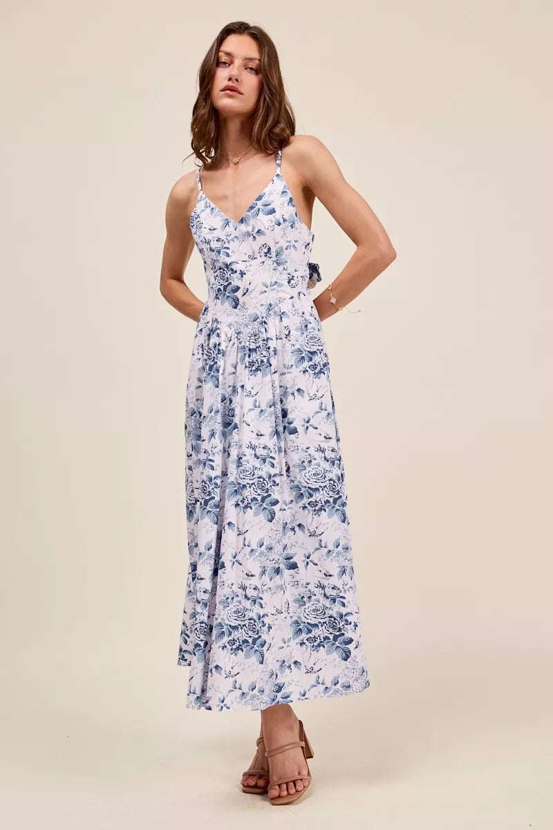 SO ME Floral Woven V Neck Dress With Back Ribbon Tie - side view