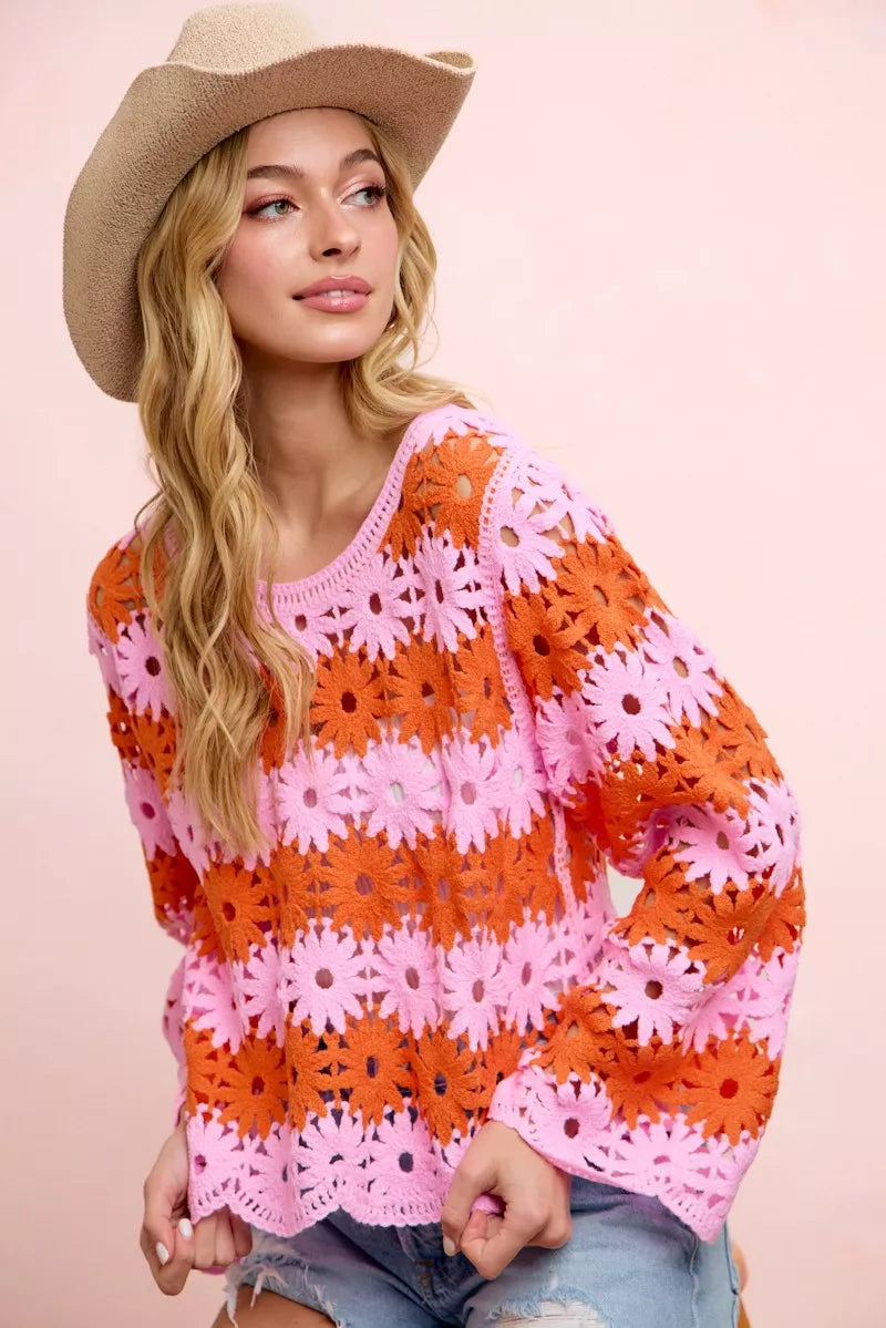 BiBi Flower Crochet Knit Top in Pink/Red, floral crochet detailing