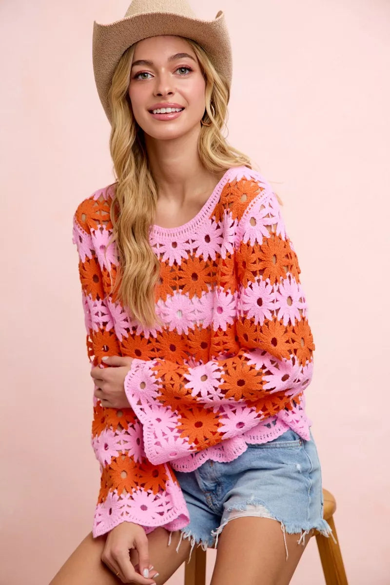 Flower crochet knit top with lightweight open crochet fabric