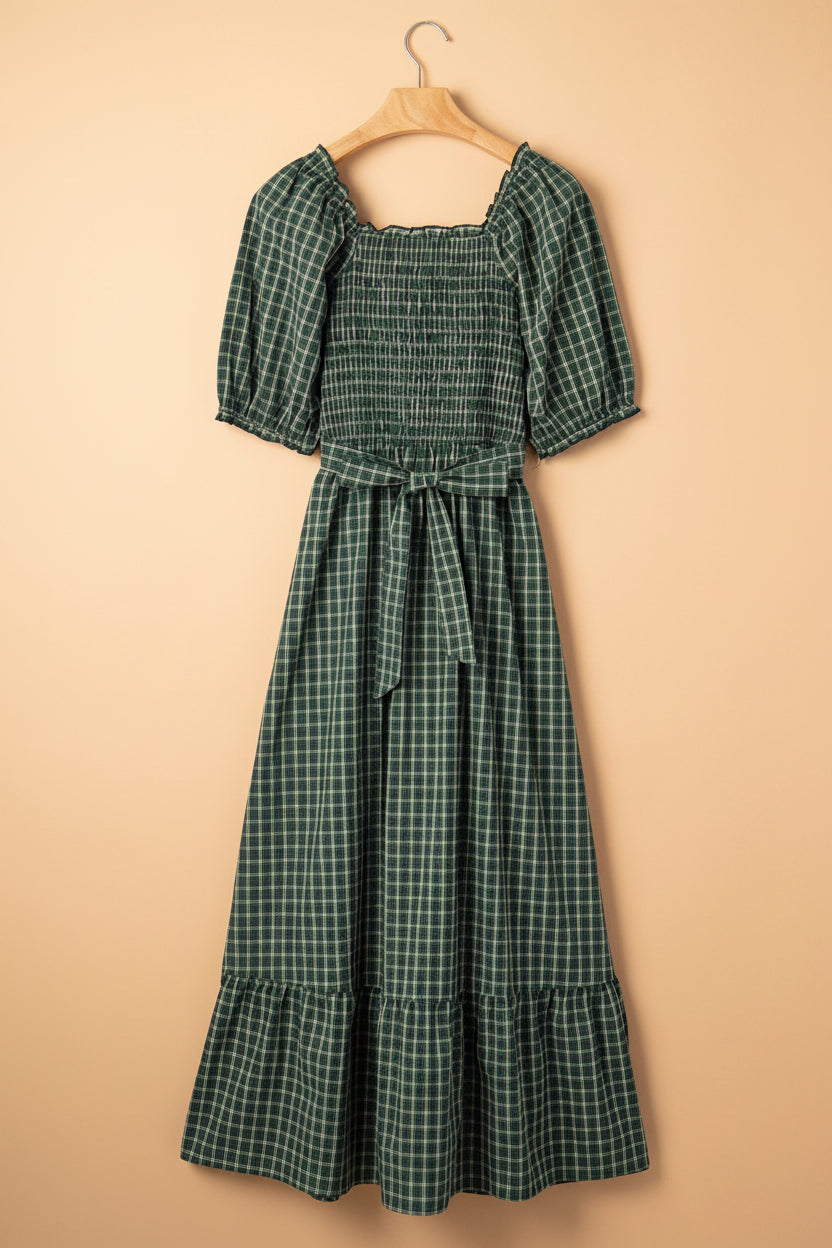 Plaid Shirred High Waist Square Neck Ruffle Hem Dress in Green, styled view