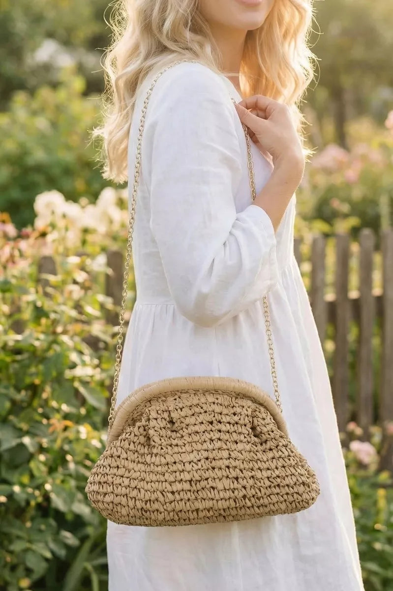 Fame Woven Raffia Frame Shoulder Bag in Camel - front view showing structured frame silhouette