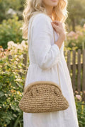 Fame Woven Raffia Frame Shoulder Bag in Camel - front view showing structured frame silhouette