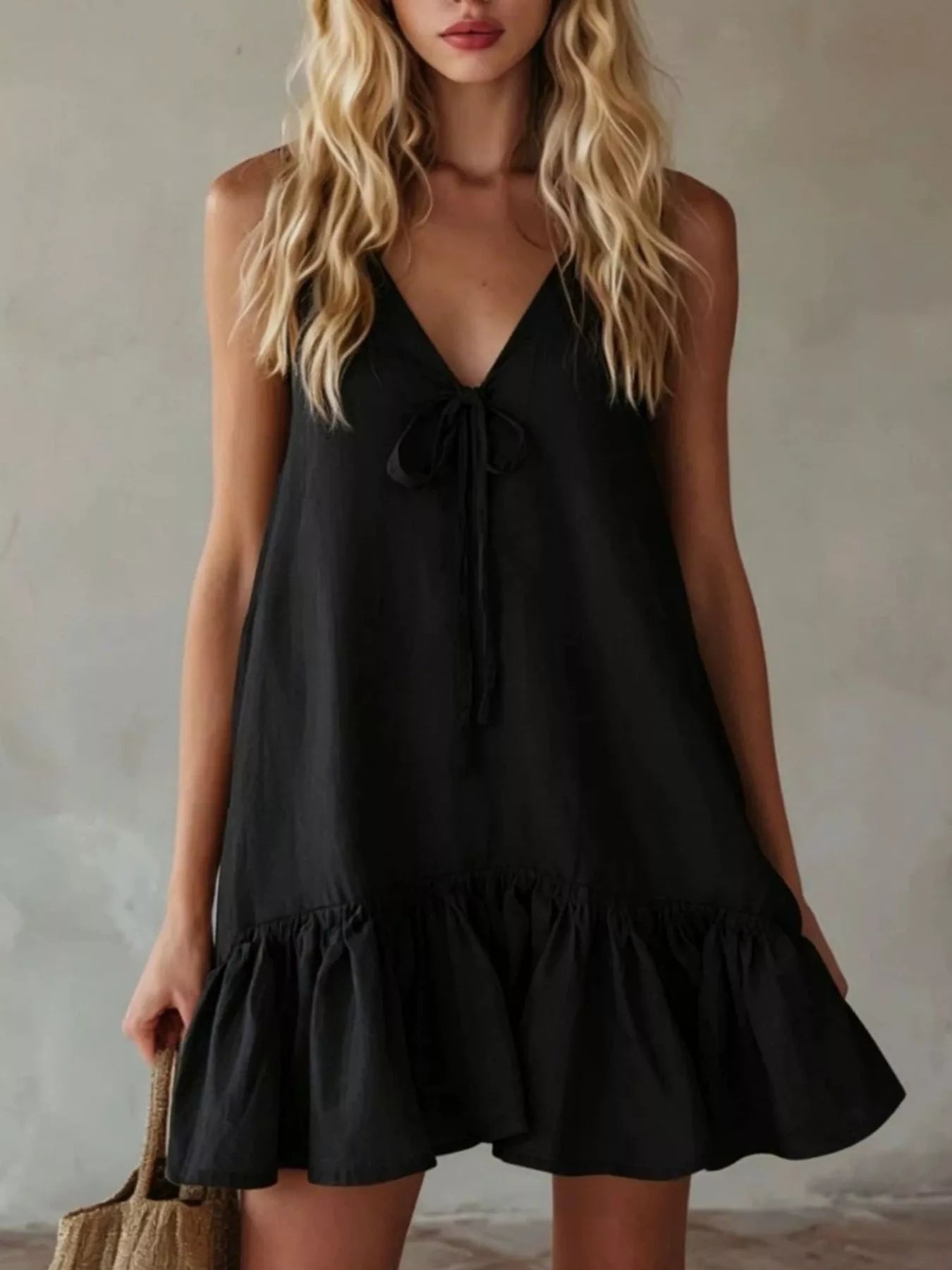 V-Neck Tie Front Ruffle Hem Mini Dress - tie-front ruffle hem dress, view 8