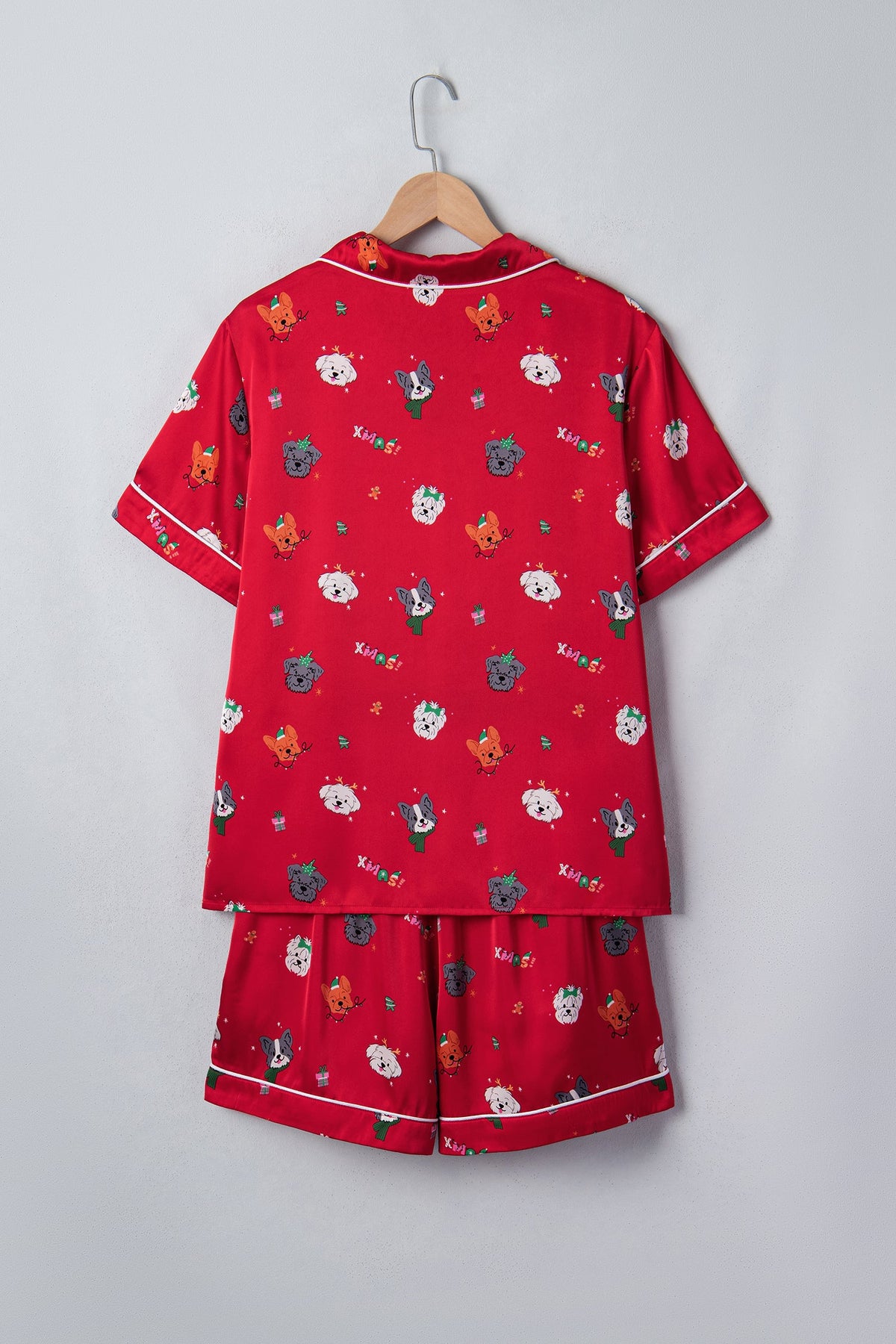 Christmas Dog Print Top & Shorts Pajama Set in racing red, styled view