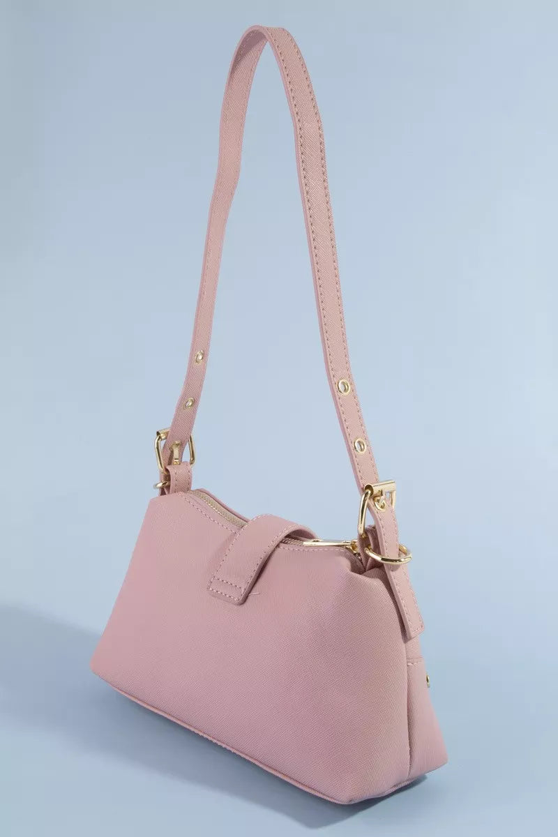 Fame Studded Saffiano Buckle Strap Shoulder Bag in Off-White - front view