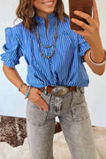 Stripe Ruffled Short Puff Sleeve Button Front Blouse in Royal Blue - front view