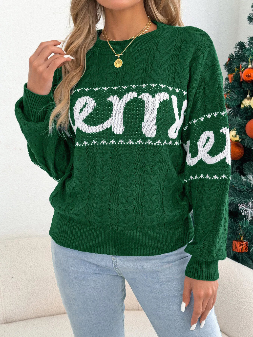 Merry cable knit Christmas sweater in red and green - view 7