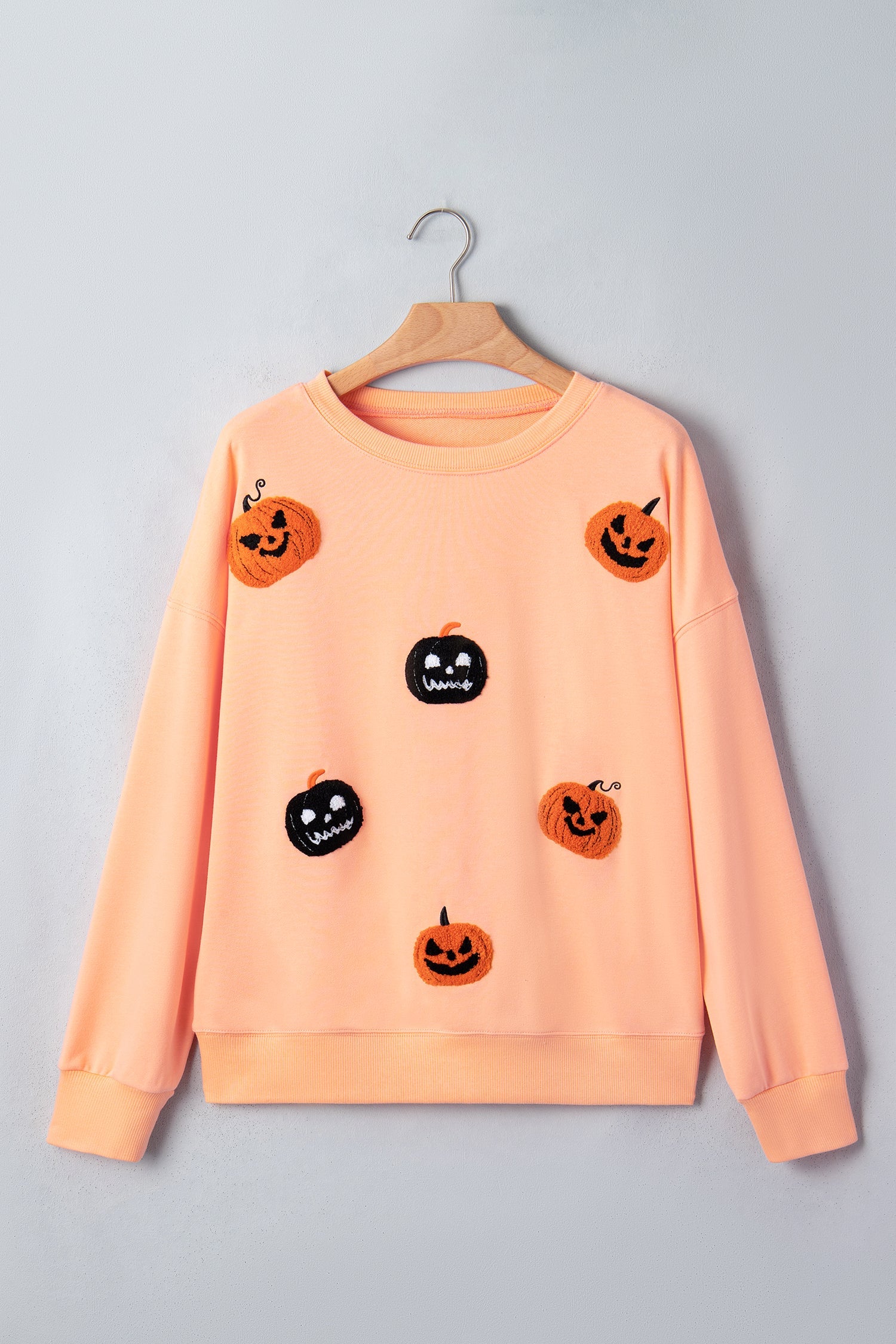 Halloween Embroidered Jack-O-Lantern Drop Shoulder Sweatshirt, detail view