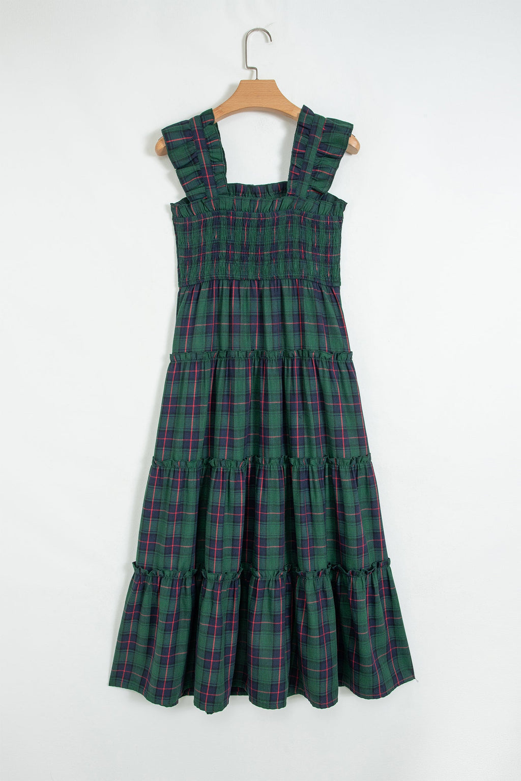 Plaid Ruffle Sleeveless Shirred Tiered Midi Dress in Green, styled view