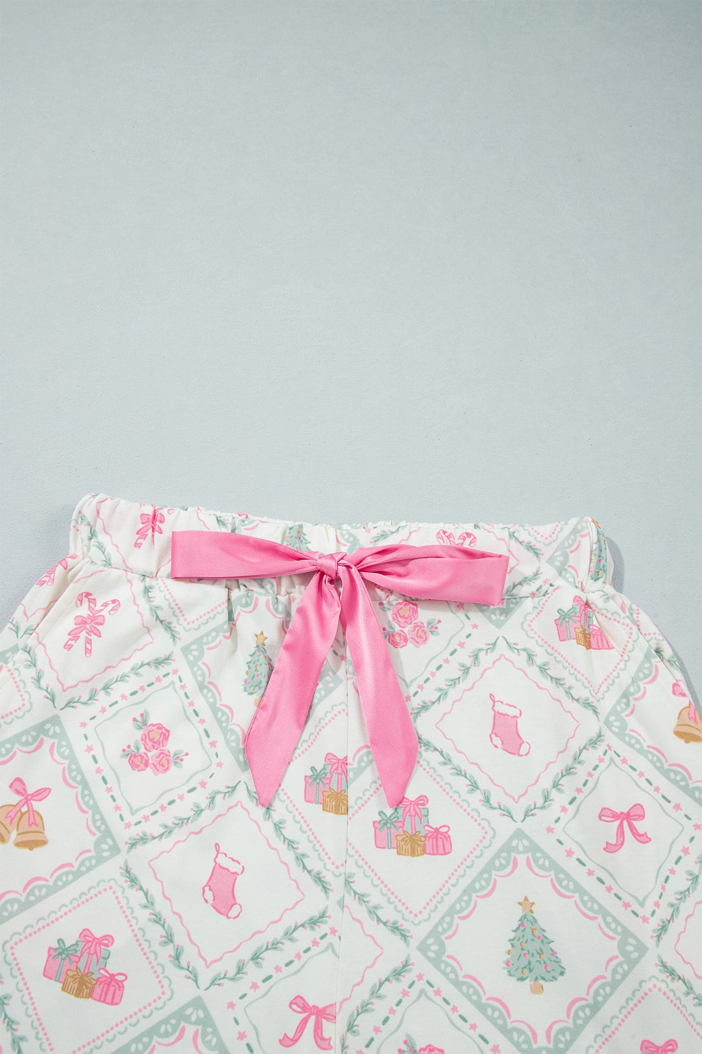 Christmas Patchwork Henley Pajama Set in white, close-up print detail