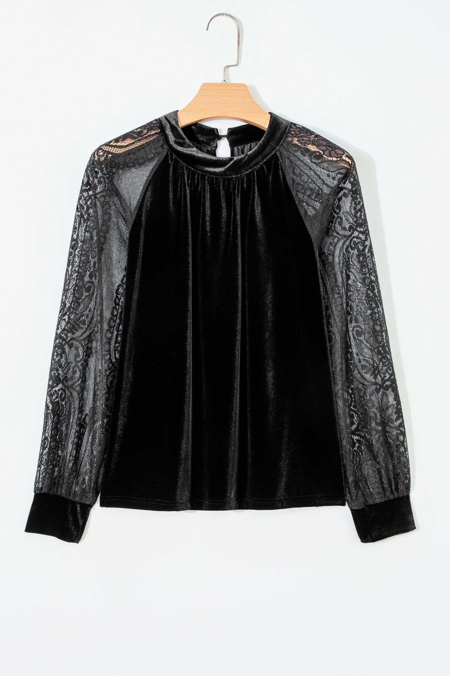 Solid Velvet Patchwork Sheer Lace Long Sleeve Blouse, detail view
