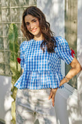 SO ME 4th Of July Gingham Ribbon Detail Short Sleeves Blouse in Blue - front view showing ribbon detail