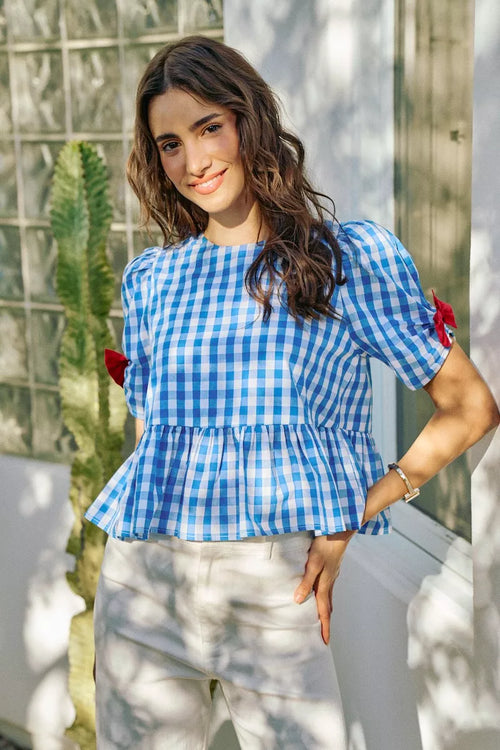 SO ME 4th Of July Gingham Ribbon Detail Short Sleeves Blouse in Blue - front view showing ribbon detail