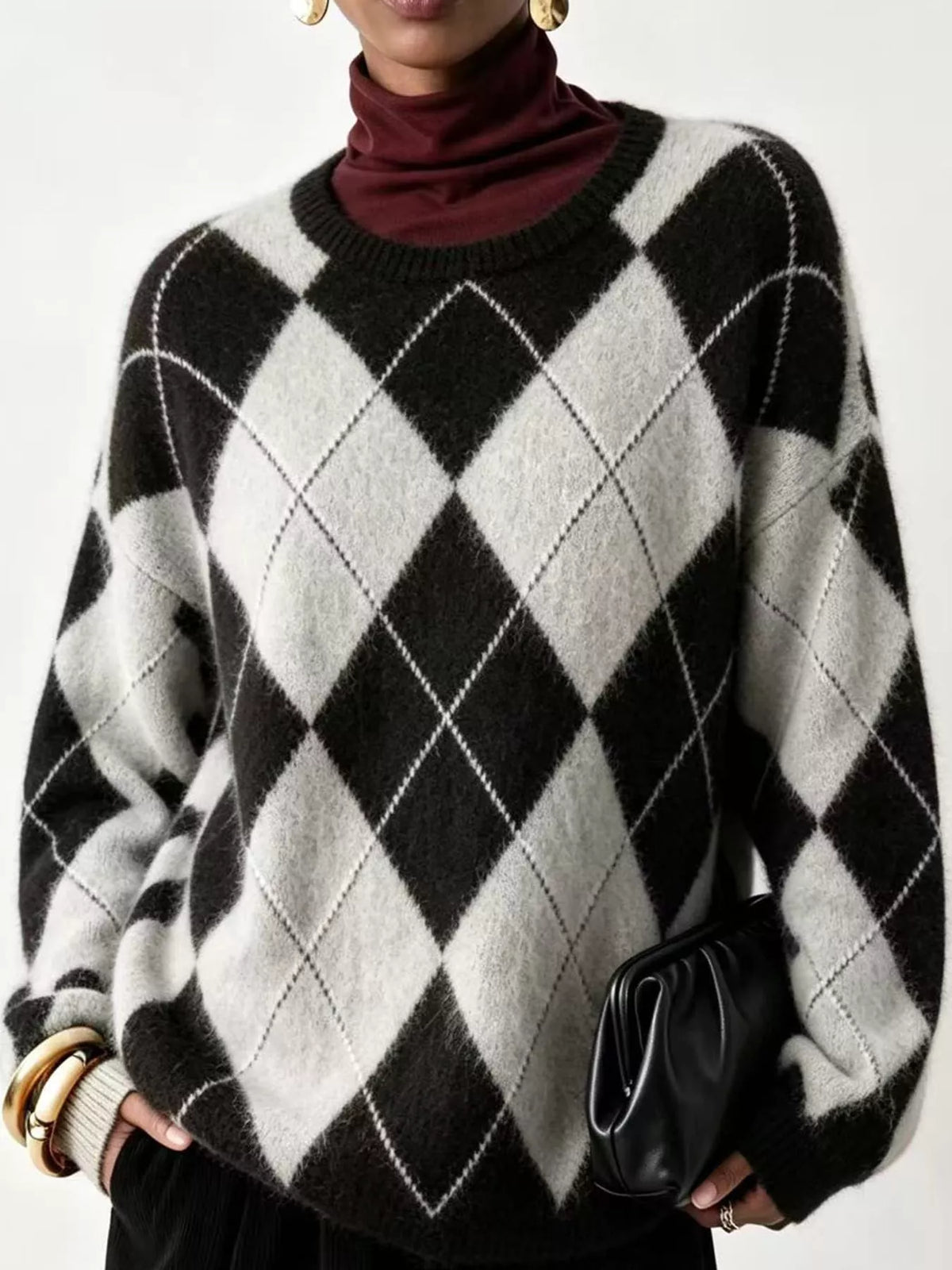 Argyle fuzzy knit sweater, women's relaxed fit - view 16